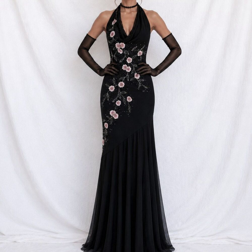 Vintage Black Pink Floral Beaded Silk Mesh Fit Flared Slip On Prom Dress M/L
